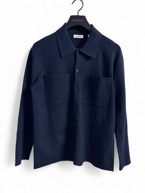 Sandro Dark Navy Button-Front Knit Shirt with Patch Pockets
